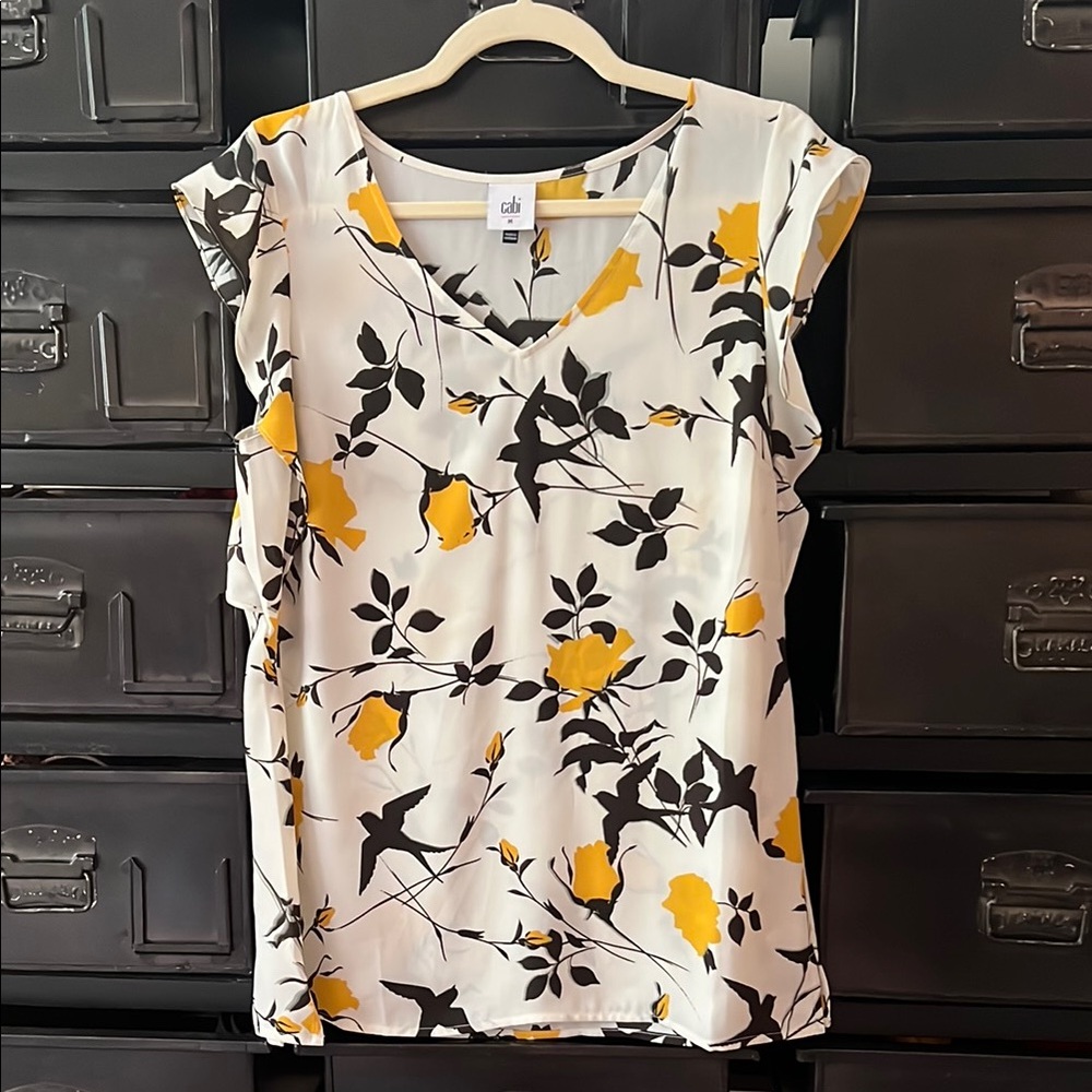 CAbi Ruffled Cap Sleeve Blouse in White and Yellow
